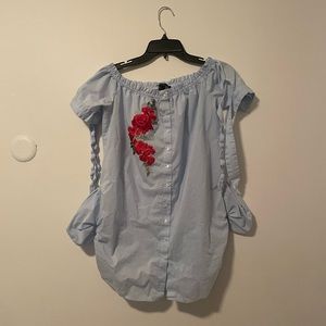 Forever 21 Light Blue and White Stripped Embroidered Red Flower Blouse